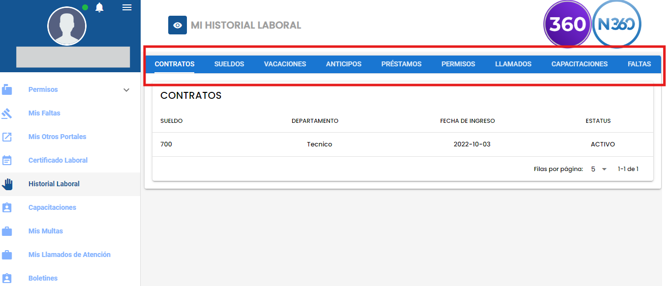 Pantalla de historial laboral con las secciones de contratos, sueldos, vacaciones, anticipos, préstamos, permisos, llamados, capacitaciones y faltas