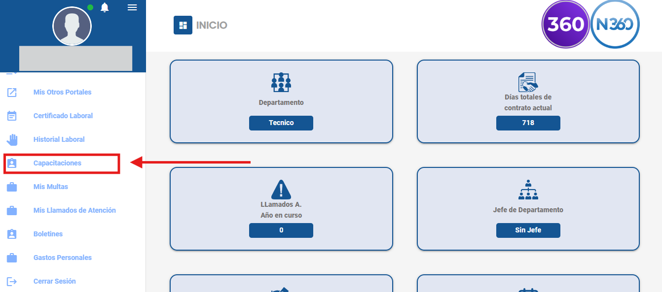 Opción Capacitaciones en el menú lateral