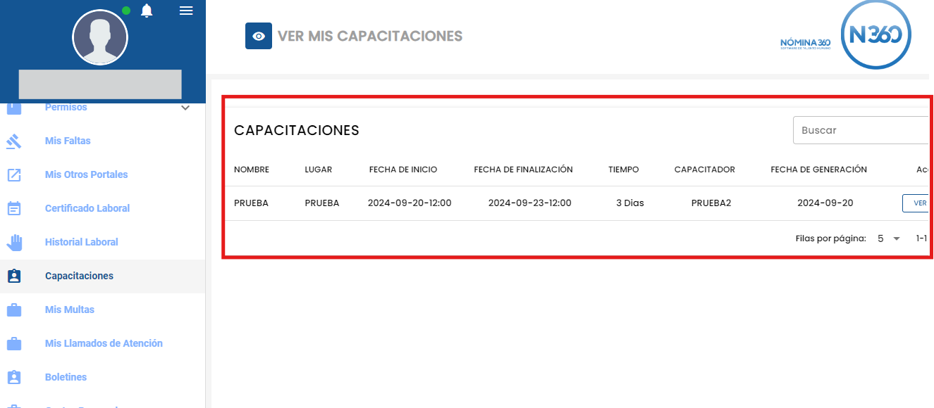 Listado de capacitaciones registradas al empleado