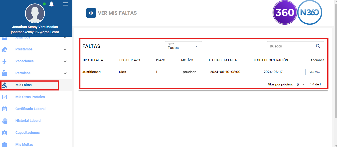 Listado de faltas registradas al empleado