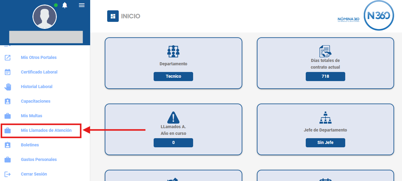 Opción Mis llamados de atención en el menú lateral