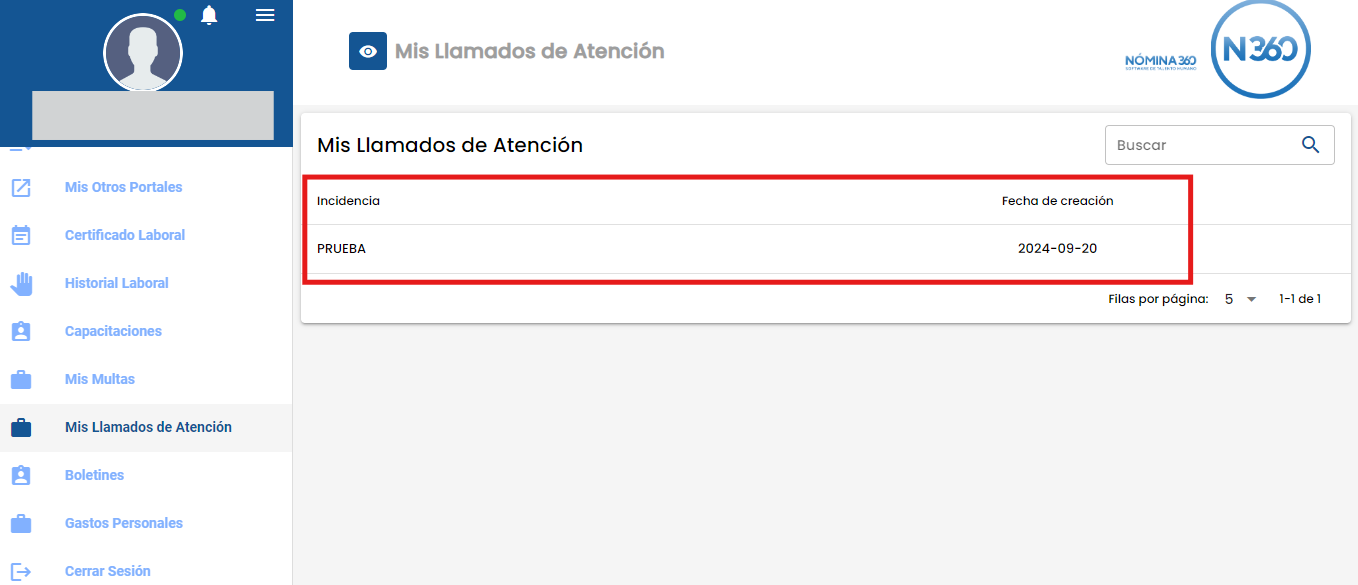Listado de llamados de atención registrados al empleado