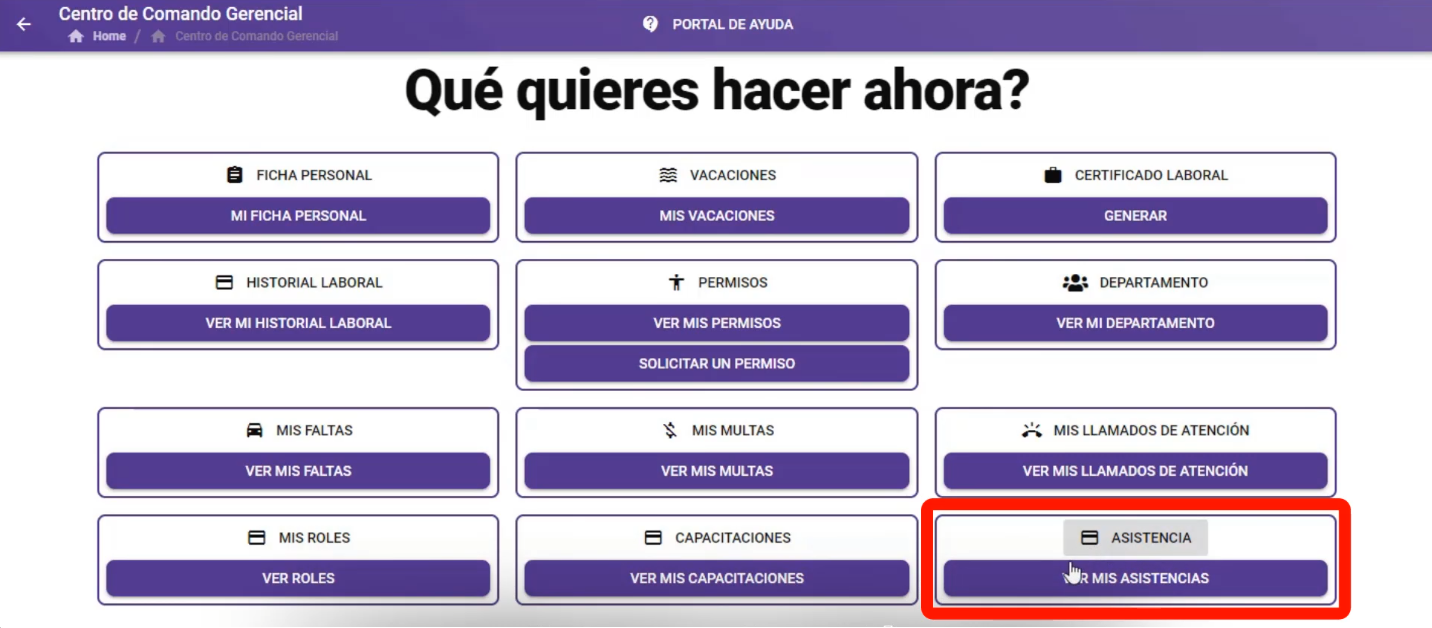 Opción Ver mis asistencias en la sección Asistencia del menú