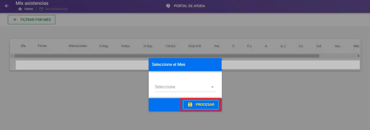 Selector de mes con el botón Procesar