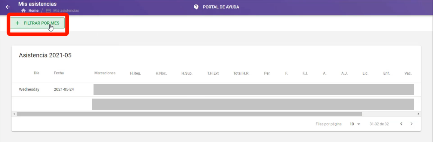 Botón Filtrar por mes en la pantalla de marcaciones