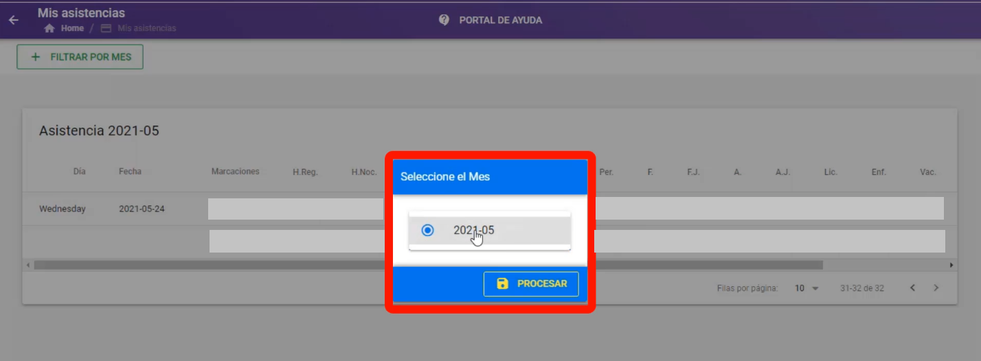 Selector de mes con el botón Procesar para filtrar otro período
