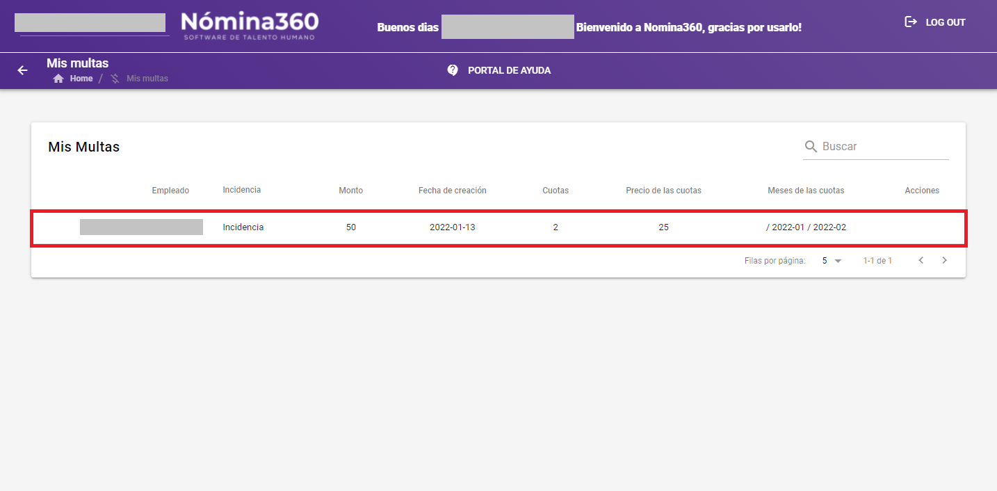 Listado de multas registradas al empleado