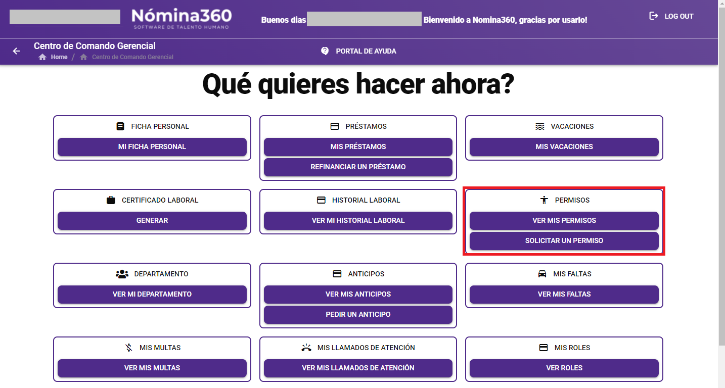 Menú lateral con la opción Ver Mis Permisos