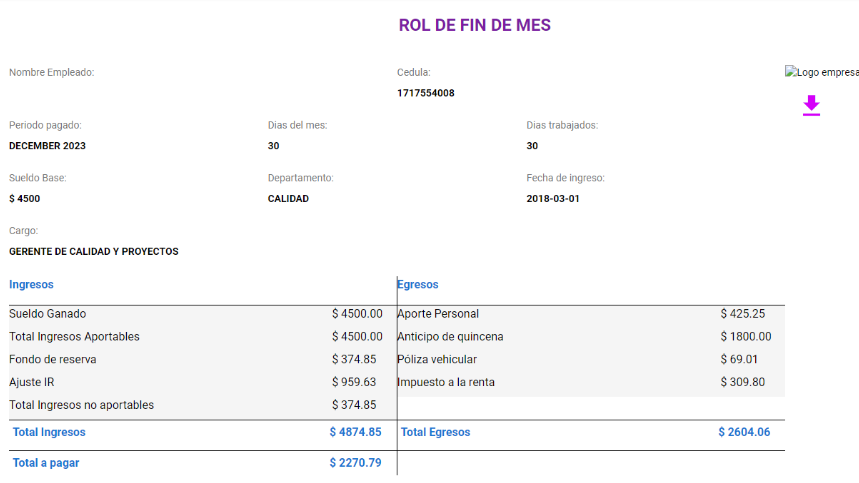 Detalle del rol de pago seleccionado