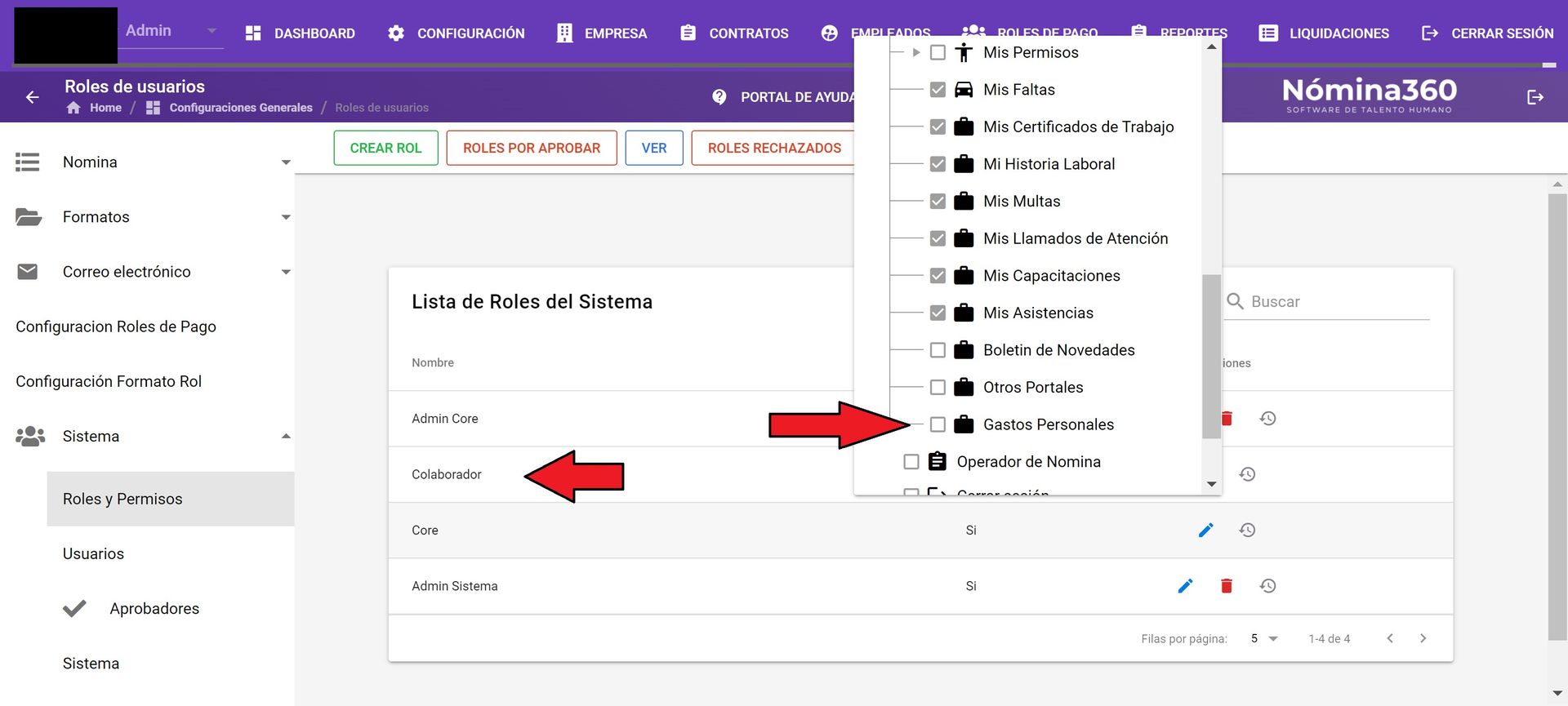 Opción Gastos Personales activa en el rol Colaborador
