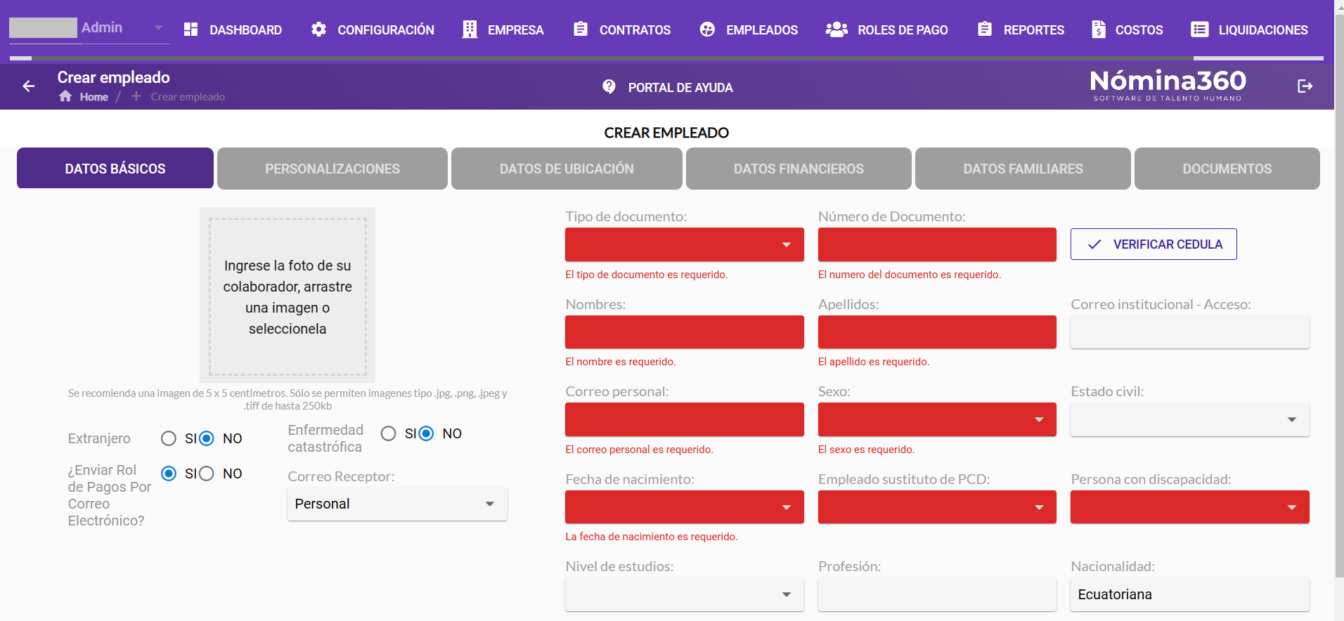 Sección Datos Básicos del formulario de creación de empleado