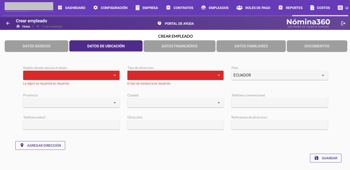 Sección Datos de Ubicación del formulario