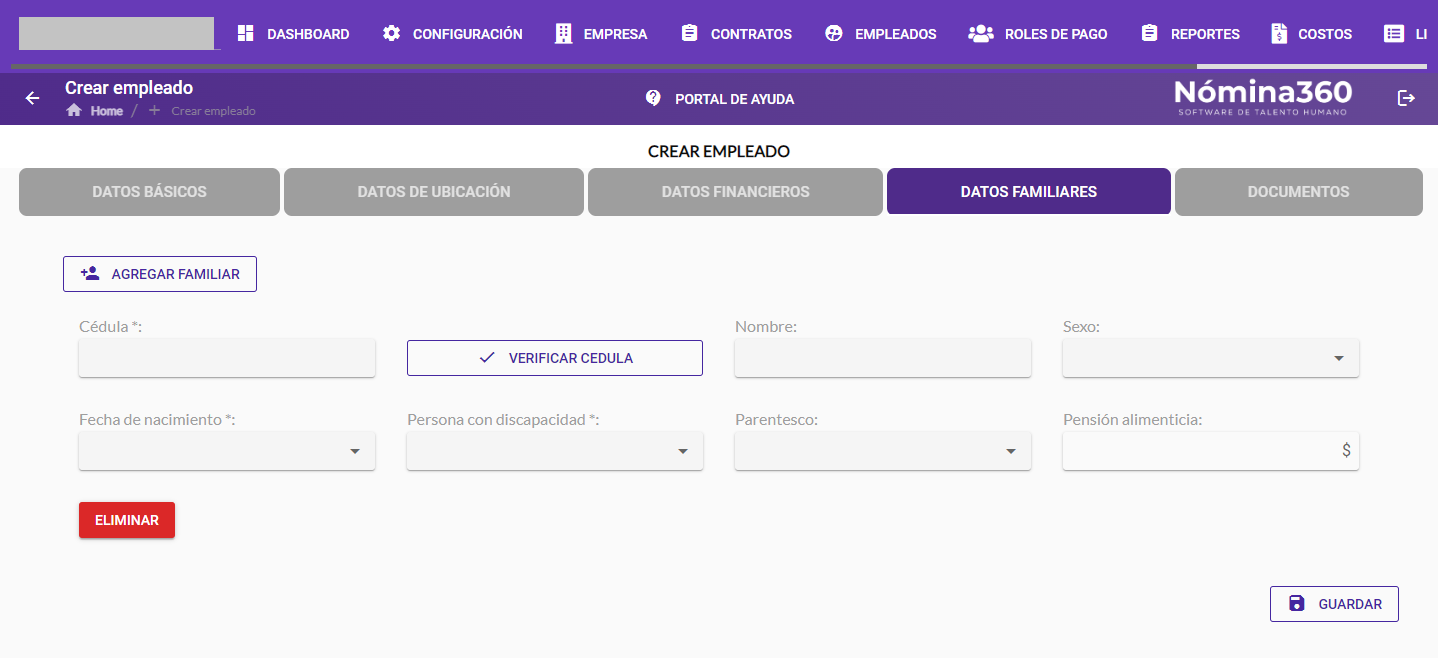 Formulario de datos del familiar a agregar