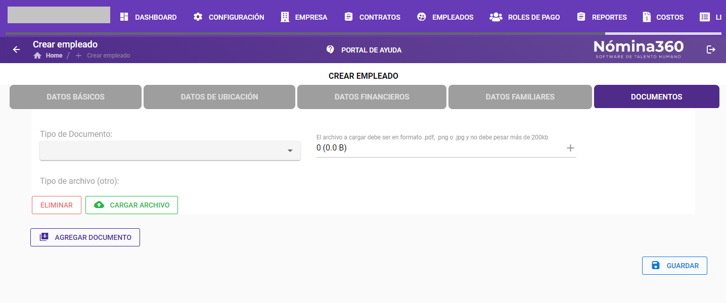 Formulario de carga de documento del empleado