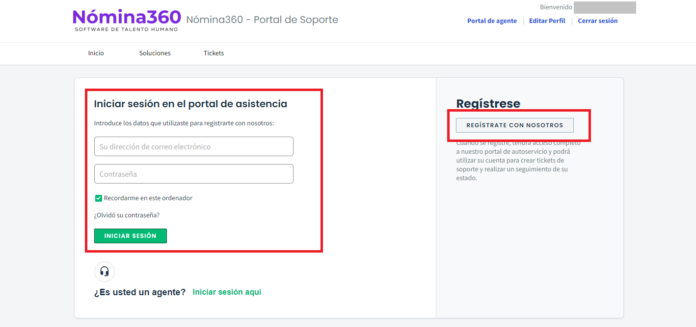 Pantalla de inicio de sesión y registro del Portal de Soporte