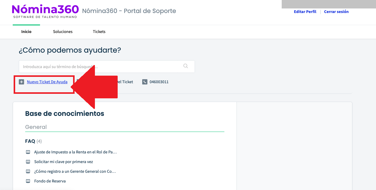Botón Nuevo Ticket de Ayuda en el Portal de Soporte