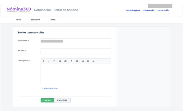 Formulario de creación de un nuevo ticket de ayuda