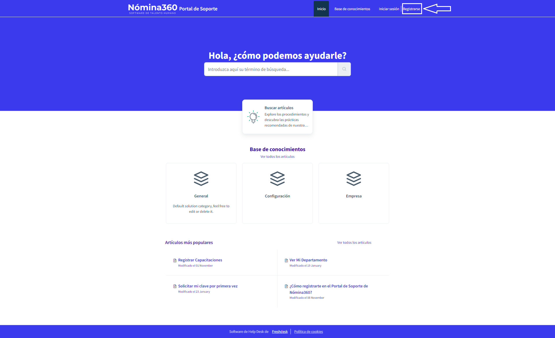 Página inicial del Portal de Soporte con la opción Registrarte