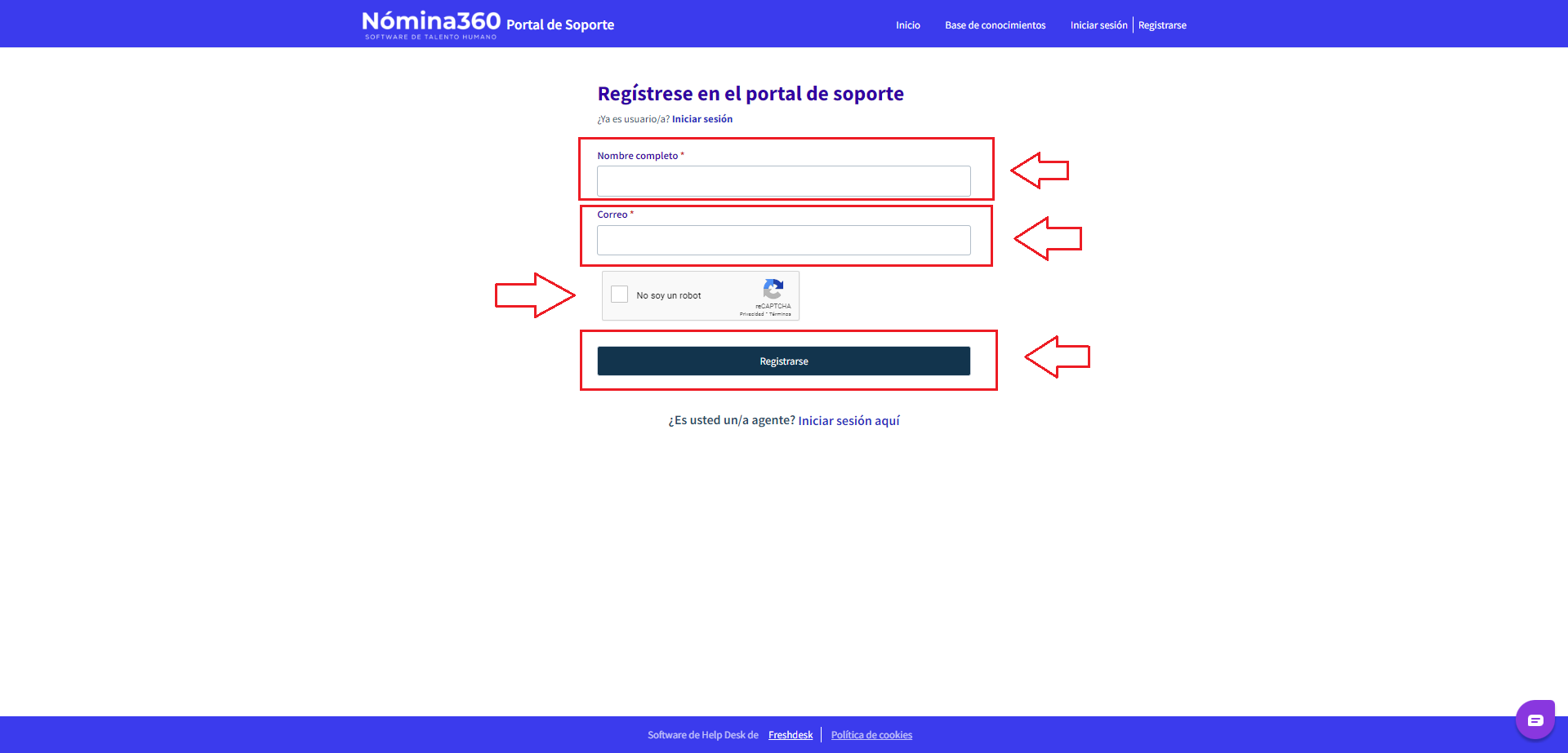 Formulario de registro con los campos de nombre y correo electrónico