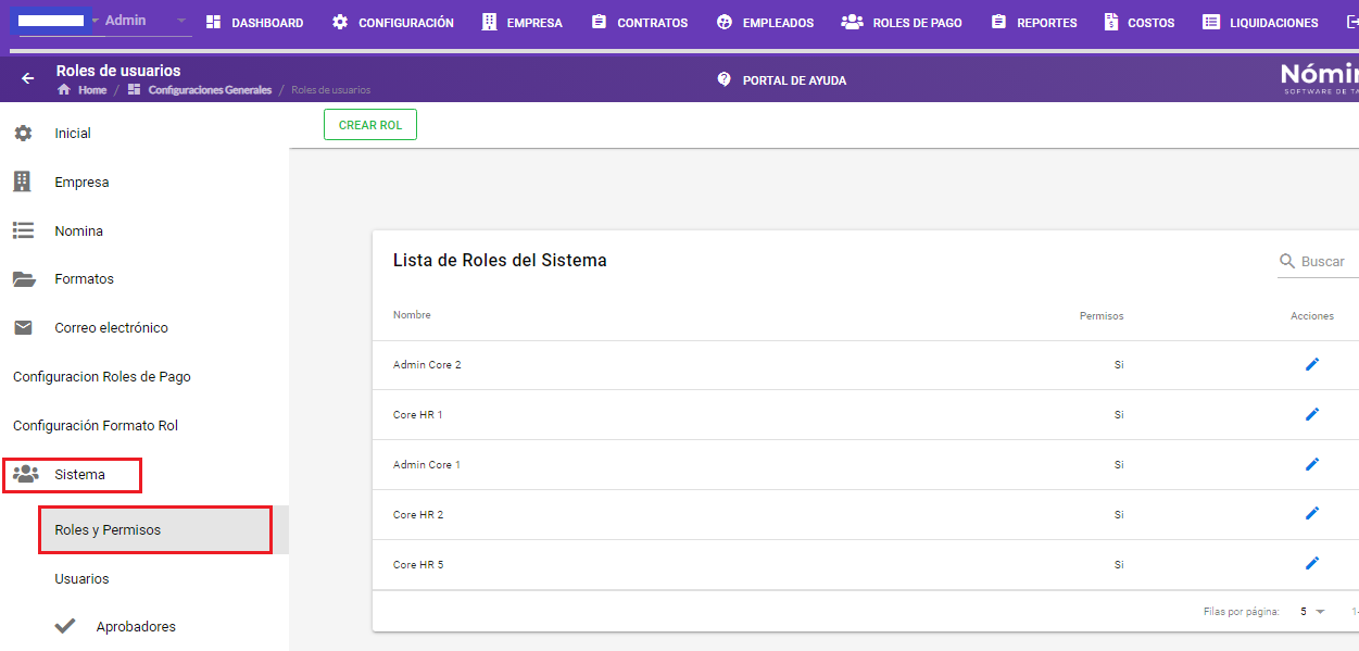 Pantalla Roles y Permisos en Configuración del Sistema