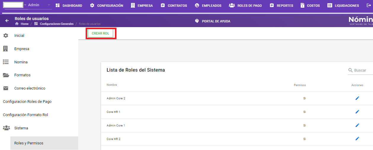 Botón Crear Rol en la pantalla de Roles y Permisos