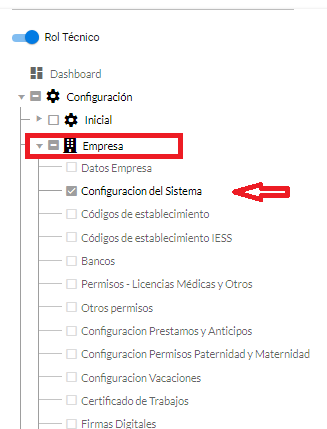 Permisos del Rol Técnico en el módulo Empresa
