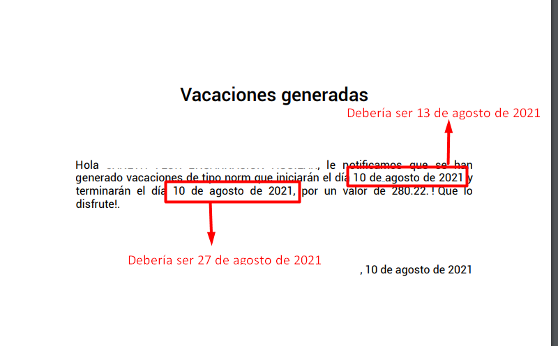 Reporte de vacaciones generadas con fechas inconsistentes