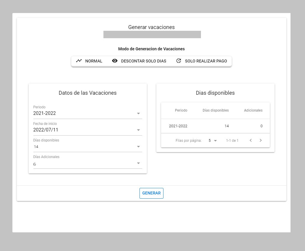 Pantalla de generación de vacaciones con valores propuestos
