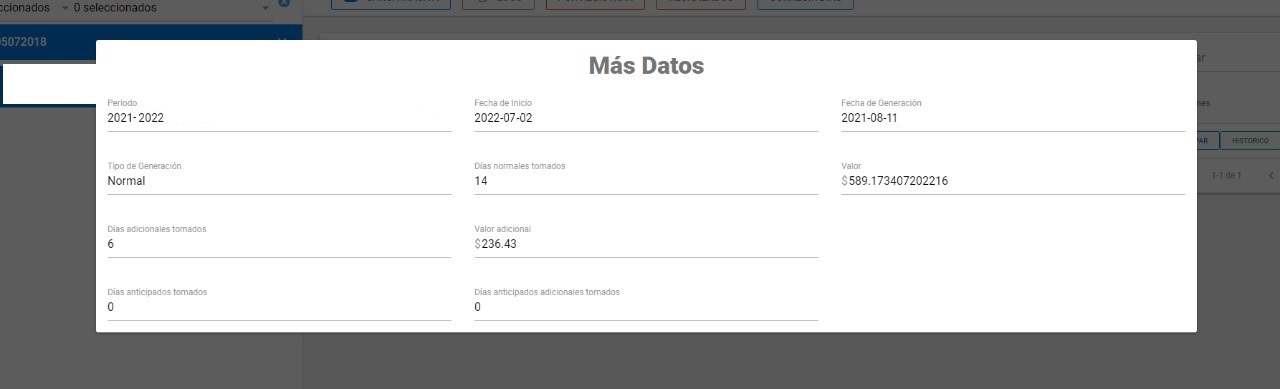 Histórico de vacaciones con el valor pagado real diferente al propuesto