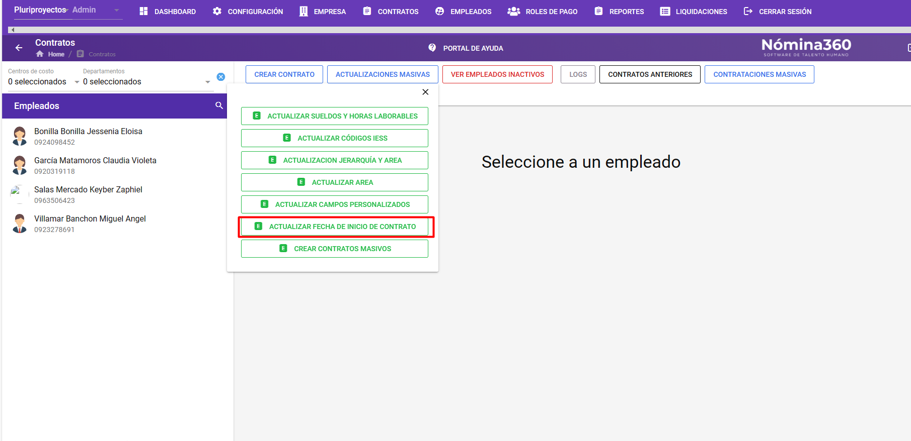 Pantalla de Actualizaciones Masivas para fecha de ingreso del contrato