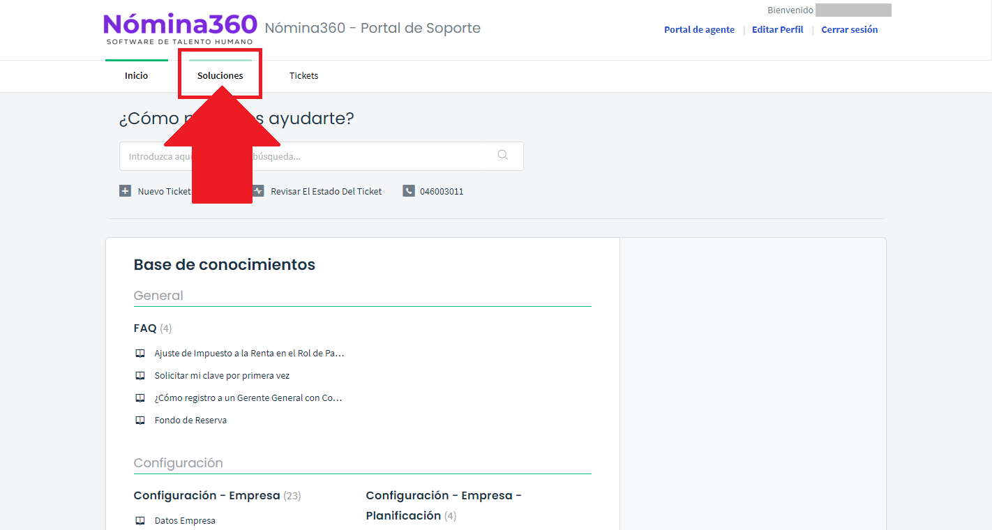 Pestaña Soluciones en el Portal de Soporte