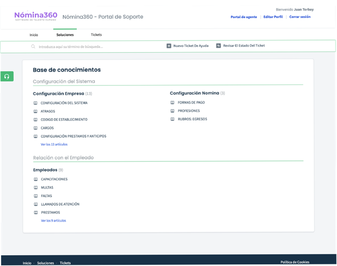 Pantalla principal del Portal de Soluciones de Nómina360