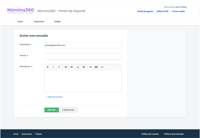 Pantalla principal del Portal de Tickets de Nómina360