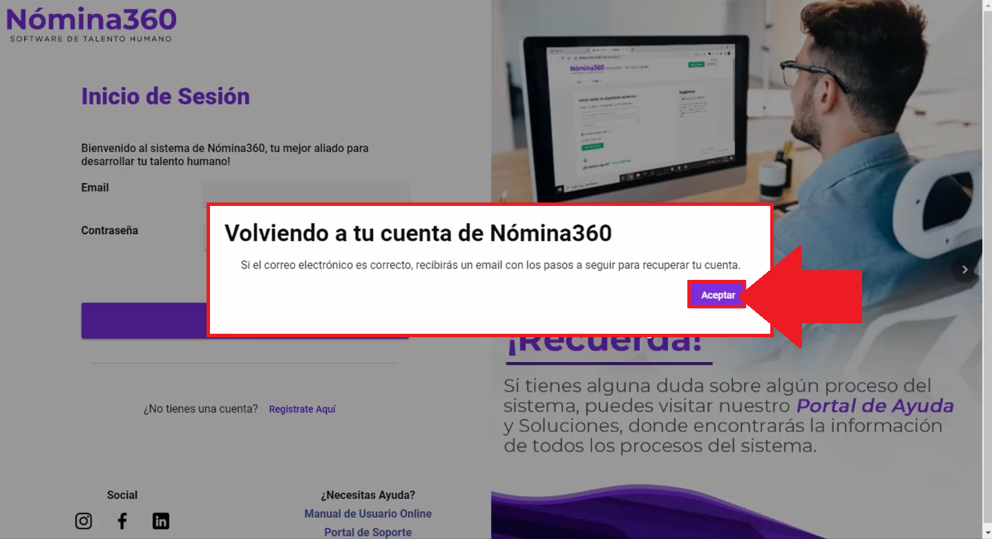 Mensaje de confirmación de envío de contraseña temporal