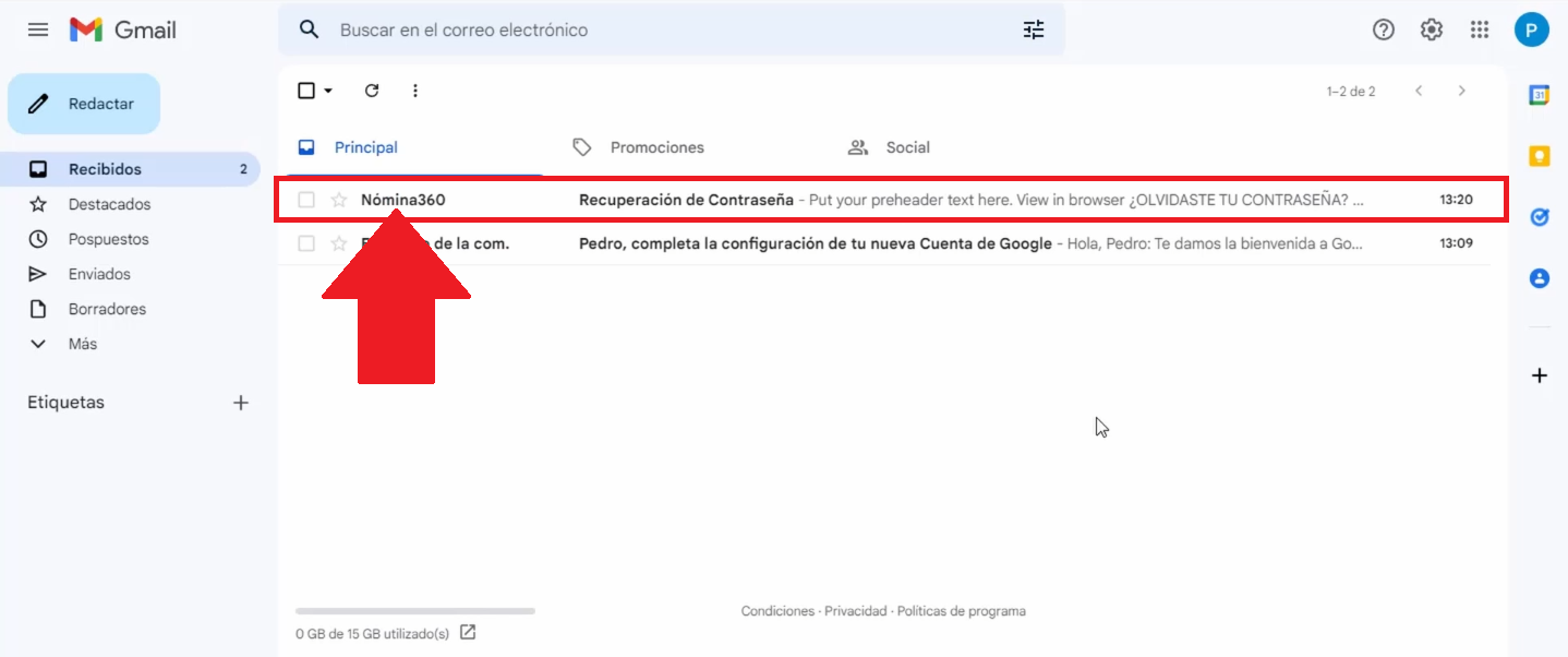 Bandeja de entrada con el correo enviado por Nómina360