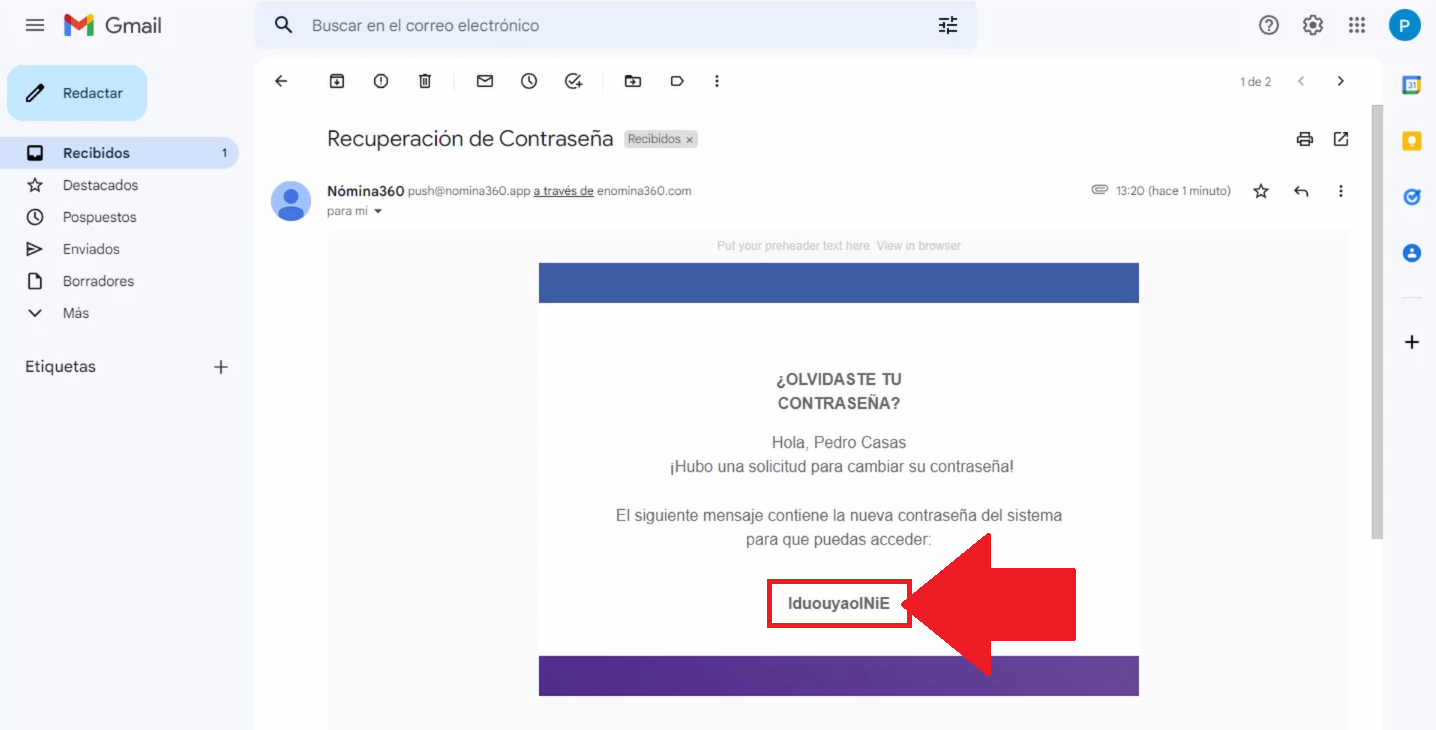 Correo con la contraseña temporal de Nómina360