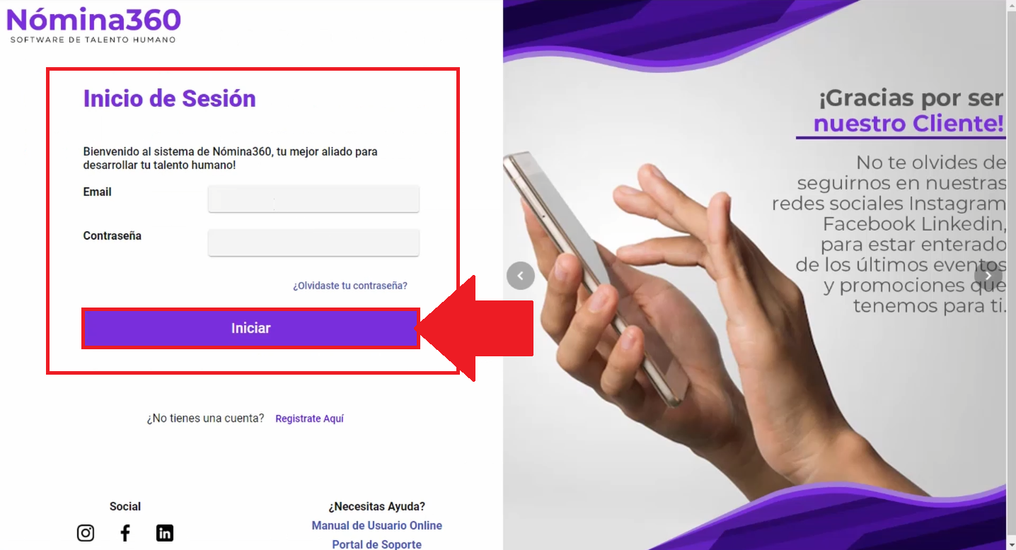 Pantalla de inicio de sesión con correo y contraseña temporal