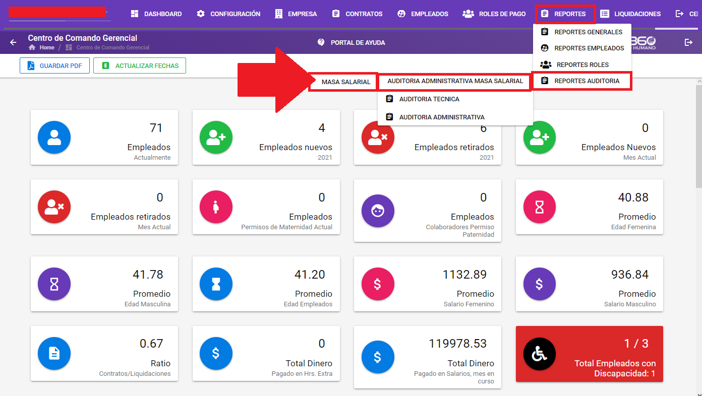 Pantalla del reporte Masa Salarial