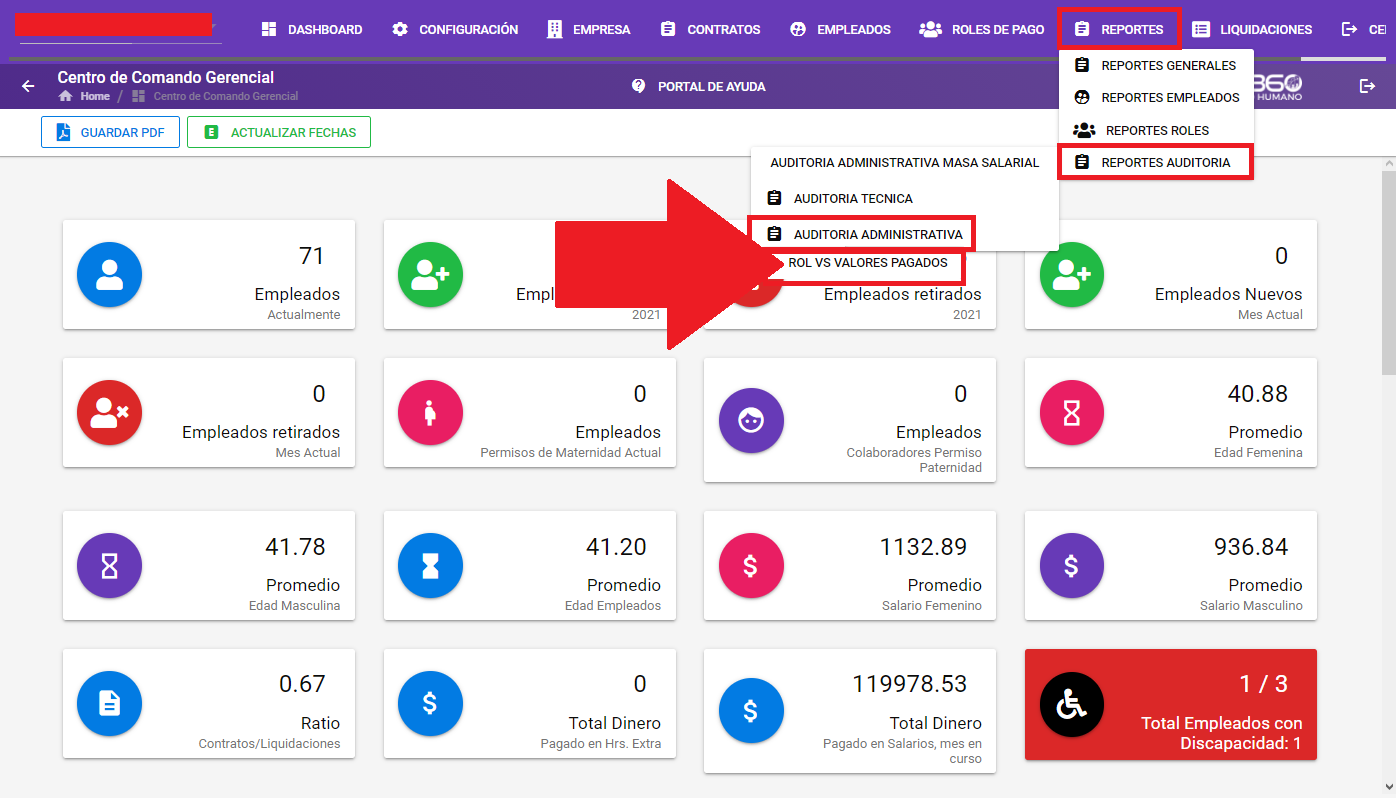 Pantalla del reporte Rol vs. Valores Pagados