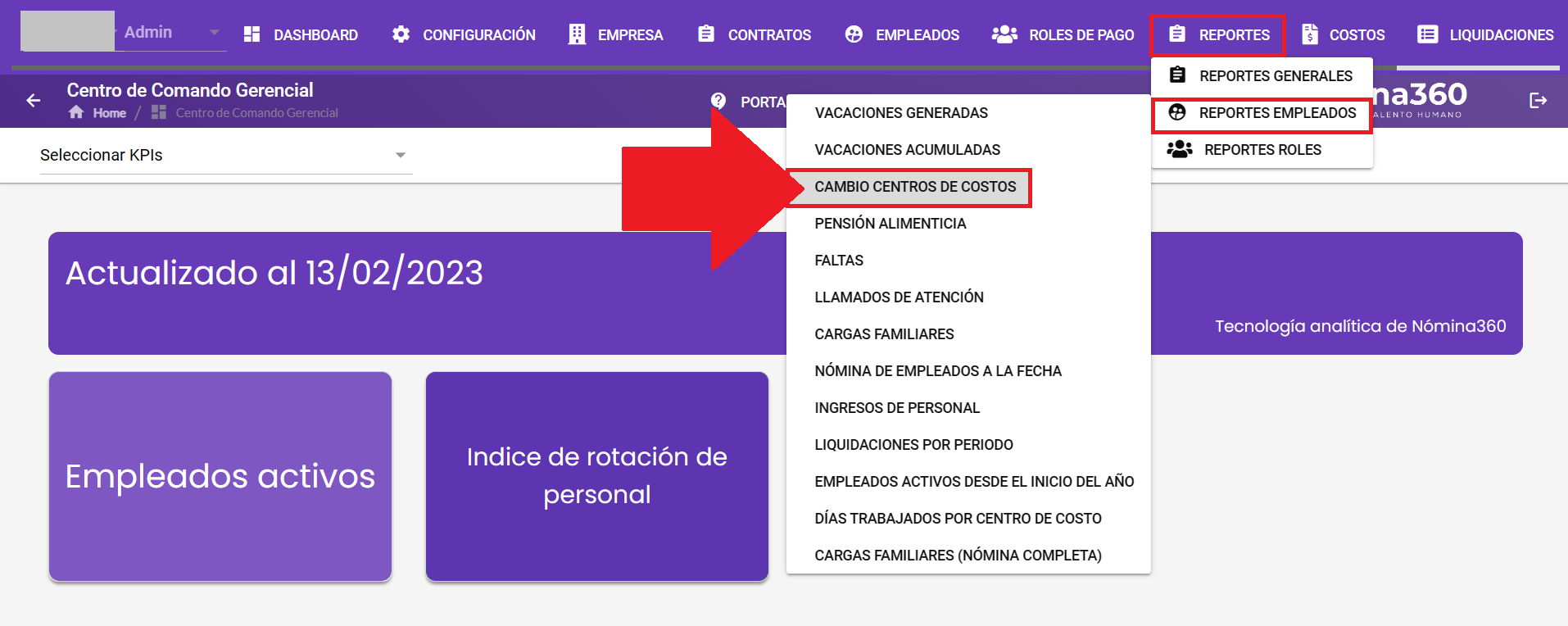 Pantalla del reporte Cambio Centros de Costo