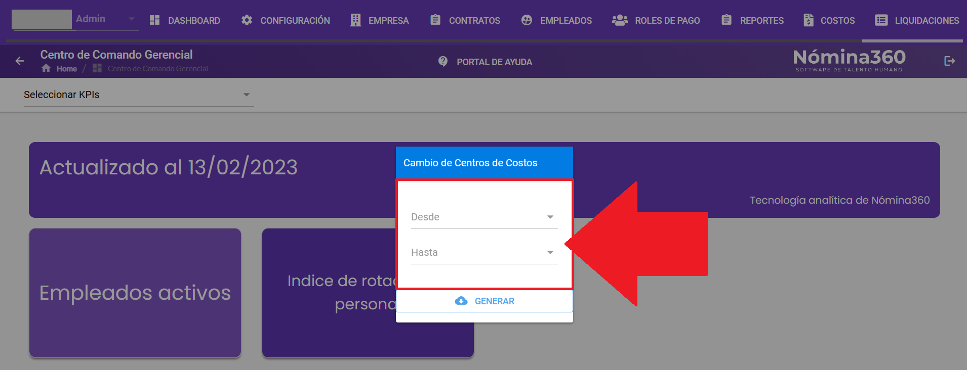 Campos Desde y Hasta del reporte de cambio de centros de costo