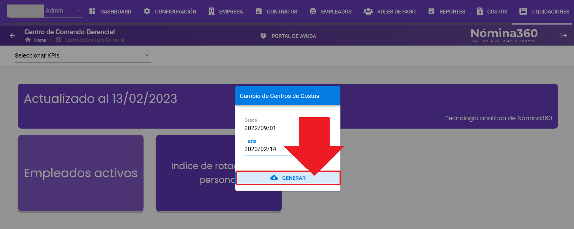 Botón Generar en el reporte de cambio de centros de costo