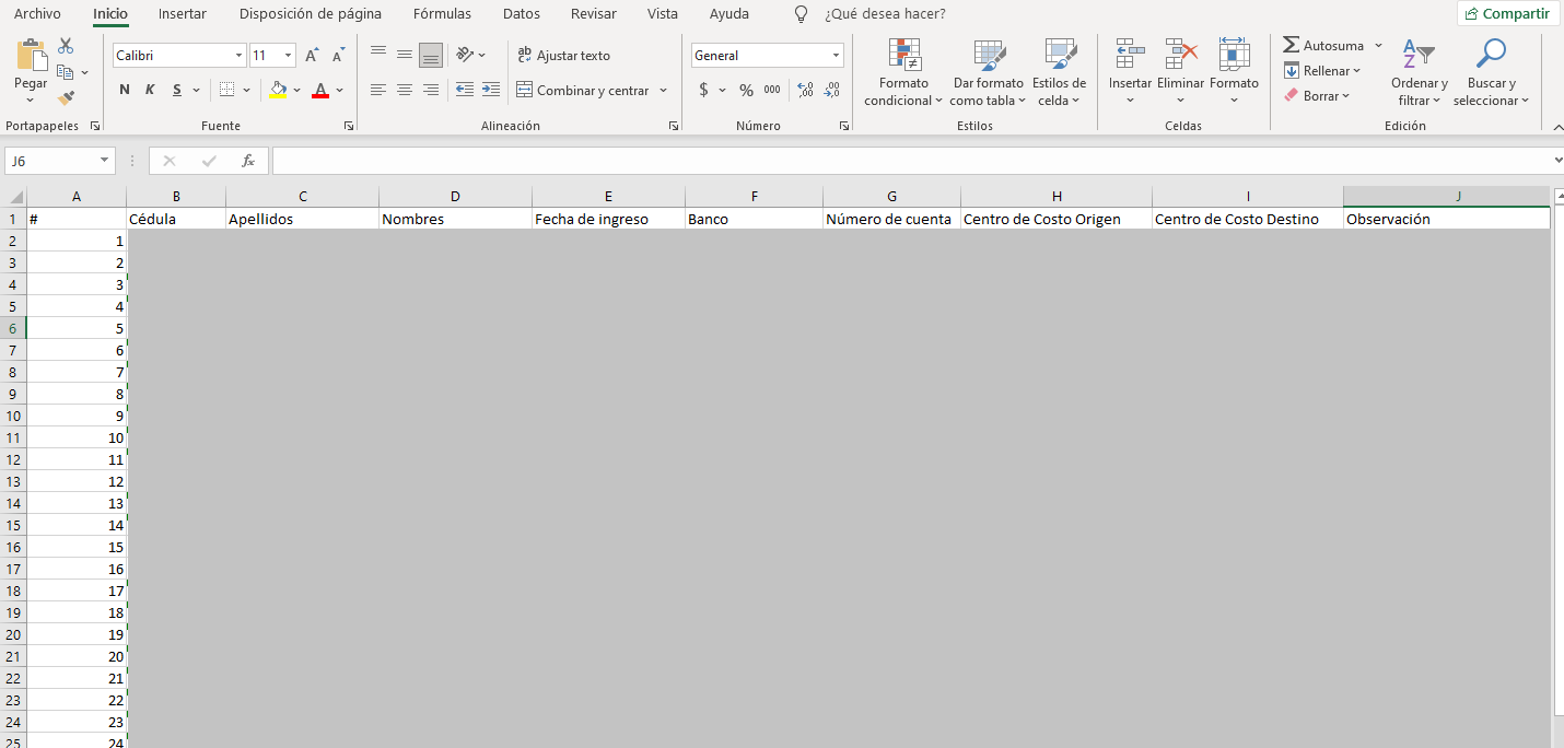 Archivo Excel descargado del reporte de cambio de centros de costo