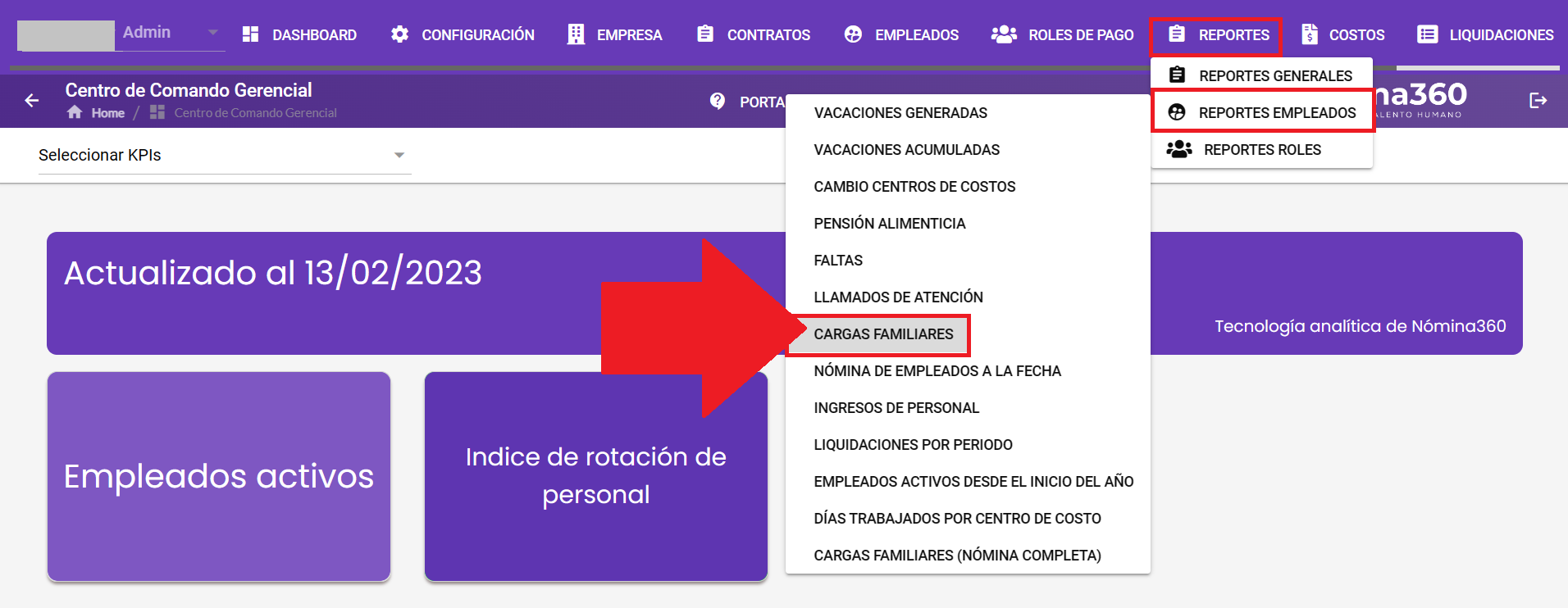 Pantalla del reporte Cargas Familiares