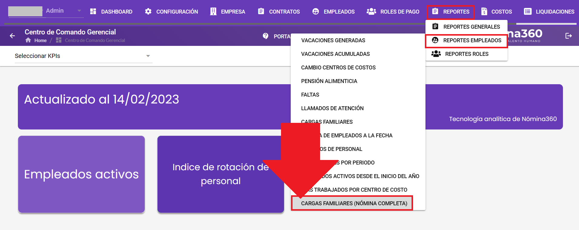 Pantalla del reporte Cargas Familiares Nómina Completa