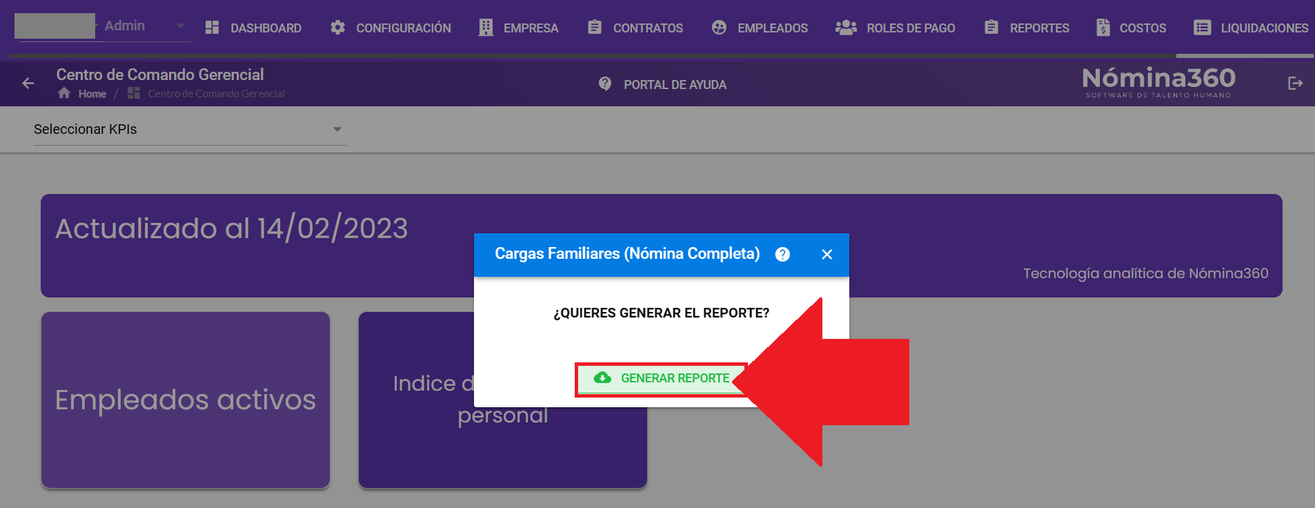 Botón Generar Reporte en cargas familiares de nómina completa