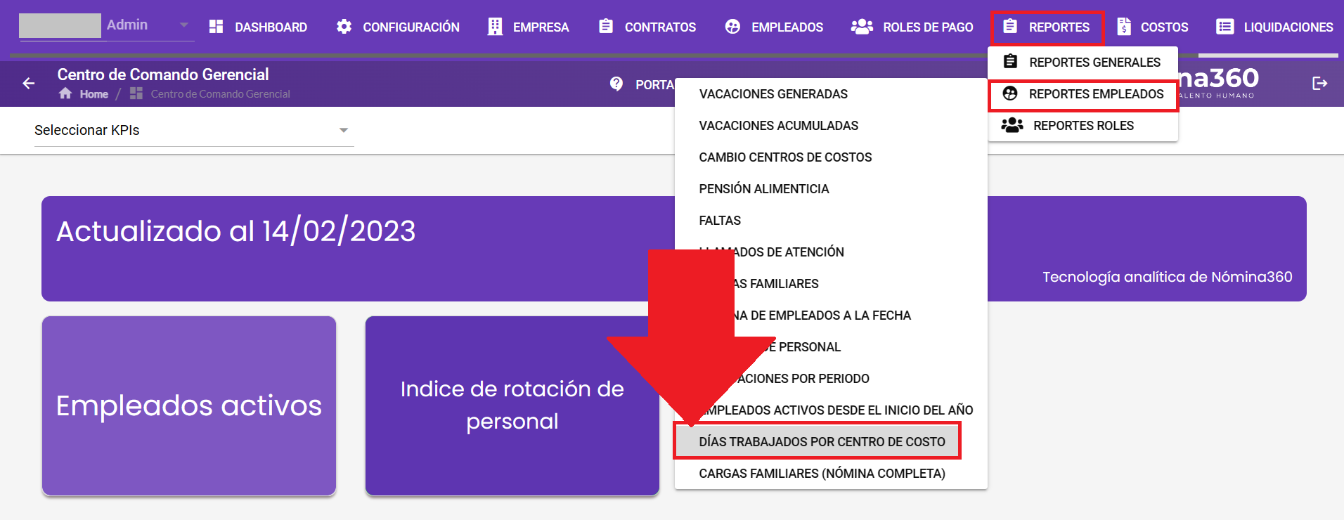 Pantalla del reporte Días Trabajados por Centro de Costo