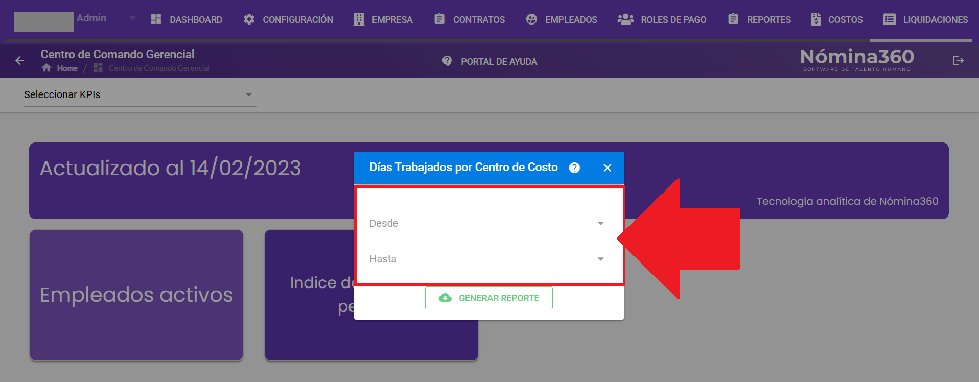 Campos Desde y Hasta del reporte de días trabajados