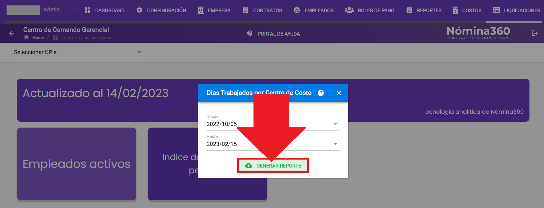 Botón Generar Reporte en días trabajados por centro de costo