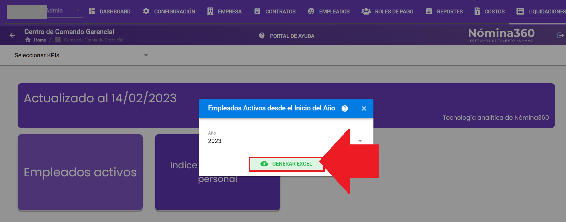 Campo año y botón Generar Excel del reporte